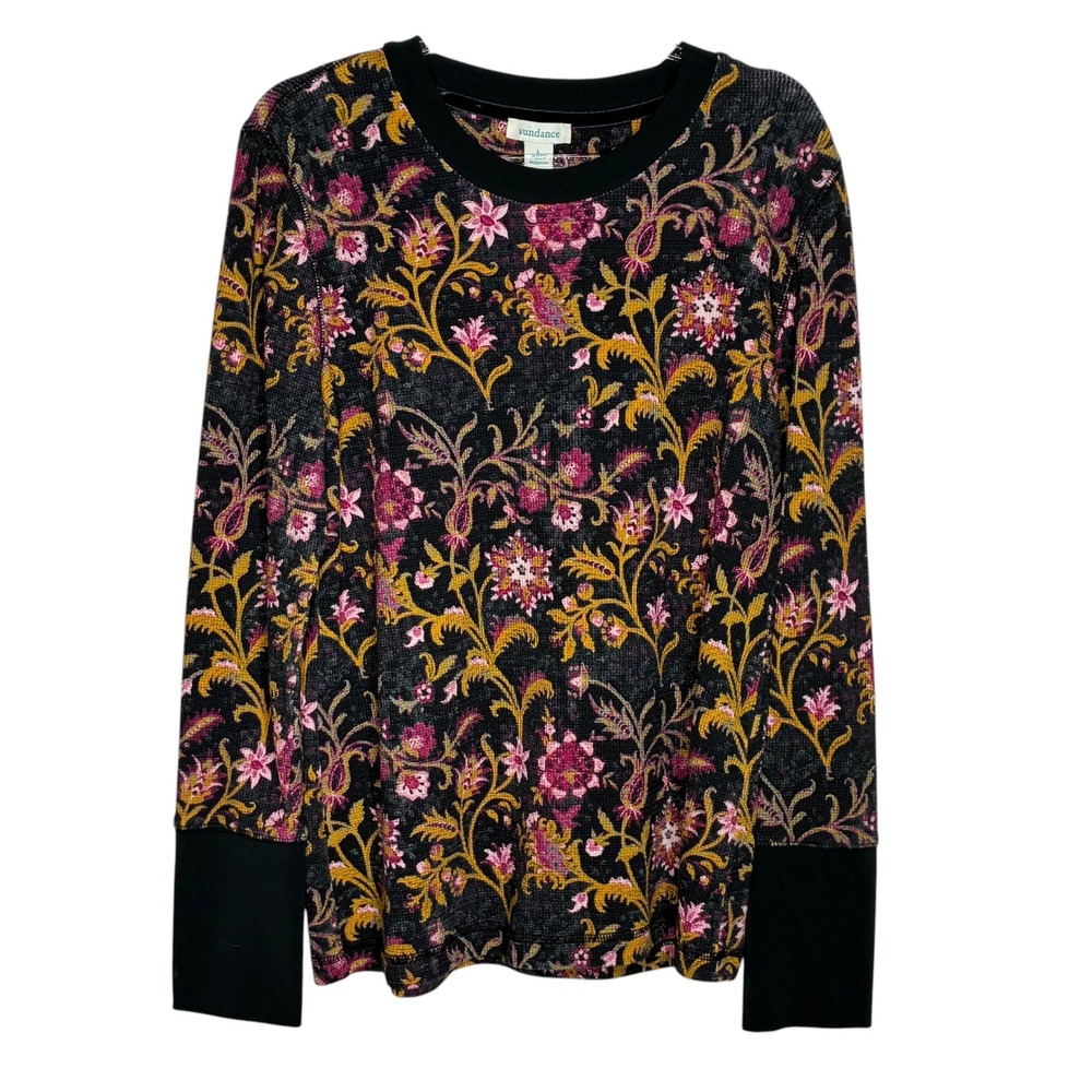Sundance Womens Large Floral Waffle Knit Thermal Top Black Pink Gold Boho Chic